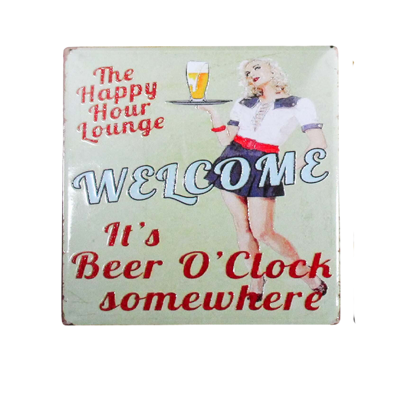 Vintage-style coaster with a waitress and beer glass, featuring text 'The Happy Hour Lounge Welcome It's Beer O'Clock somewhere'.