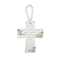 Decorative honeycomb cross ornament with bee detailing and hanging loop