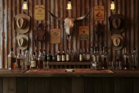 Bar setup with whiskey bottles, cowboy hats, and a bull skull against a rustic wall.