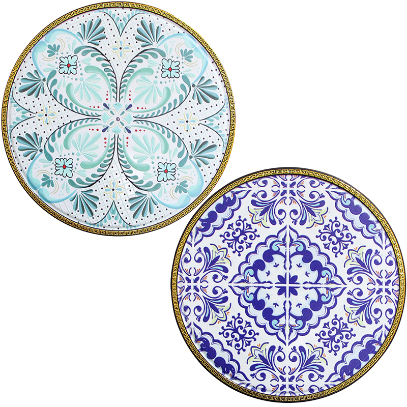 Two decorative trivets with intricate Greek Island Inspired patterns 