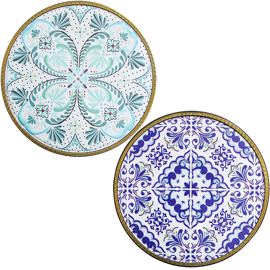 Two decorative trivets with intricate Greek Island Inspired patterns 