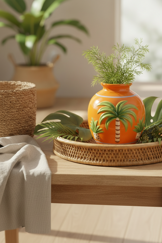 An orange ceramic vase with painted palm tree designs sits on a woven tray on a wooden table, styled with green plants and a beige cloth in a bright indoor setting.