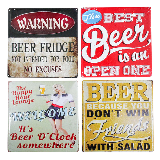 Four vintage-style beer-themed metal signs with humorous sayings.