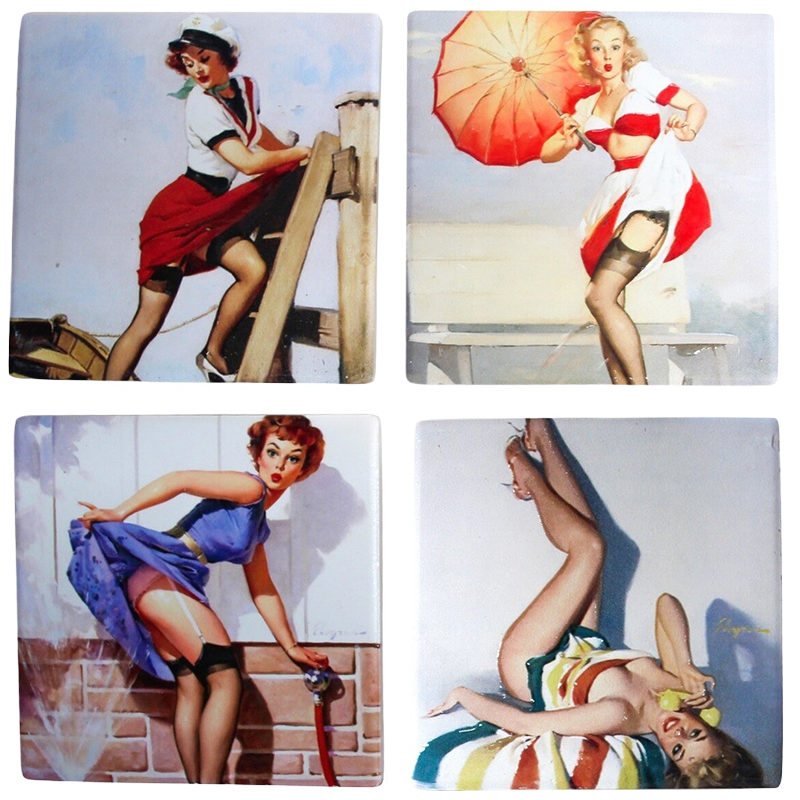 Set of four vintage-style coasters featuring pin-up girls in different poses.
