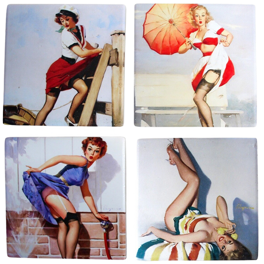 Set of four vintage-style coasters featuring pin-up girls in different poses.