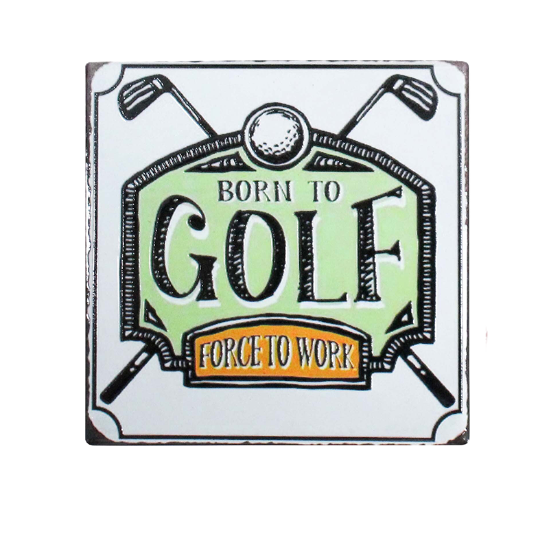 Coaster with 'Born to Golf, Forced to Work' text and golf club graphics on a white background.