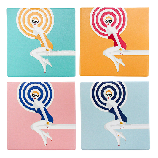 Set of four coasters with a stylized woman sitting on a diving board against colorful concentric circle backgrounds.