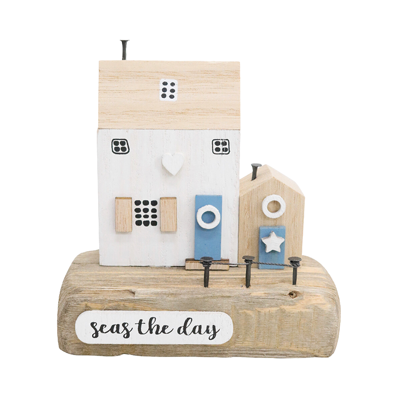 Decorative wooden house with 'seas the day' text on a white background