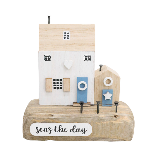 Decorative wooden house with 'seas the day' text on a white background
