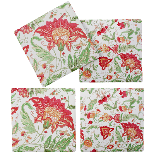 Set of four floral-patterned coasters on a white background