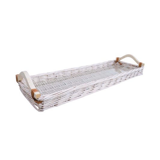 White wicker tray with wooden handles on a white background