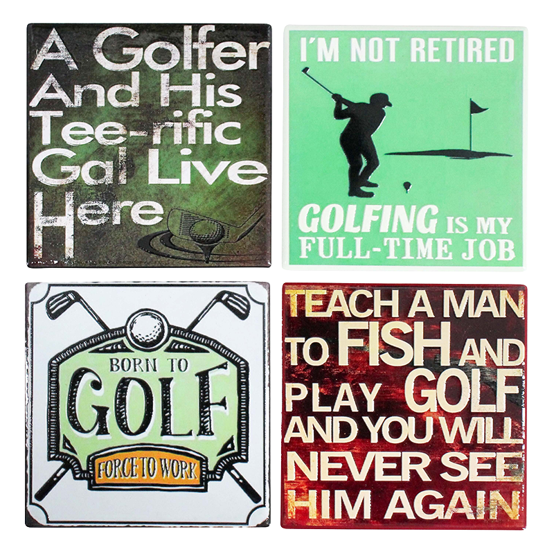 Four golf-themed coasters with humorous sayings on a white background.