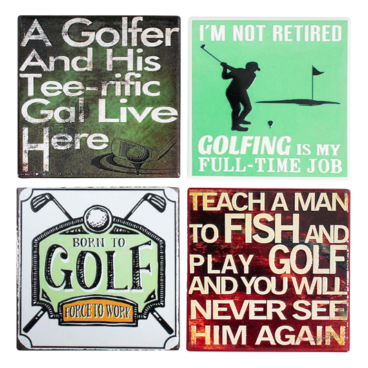 Four golf-themed coasters with humorous sayings on a white background.