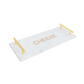 Marble tray with gold handles and 'CHEESE' text 