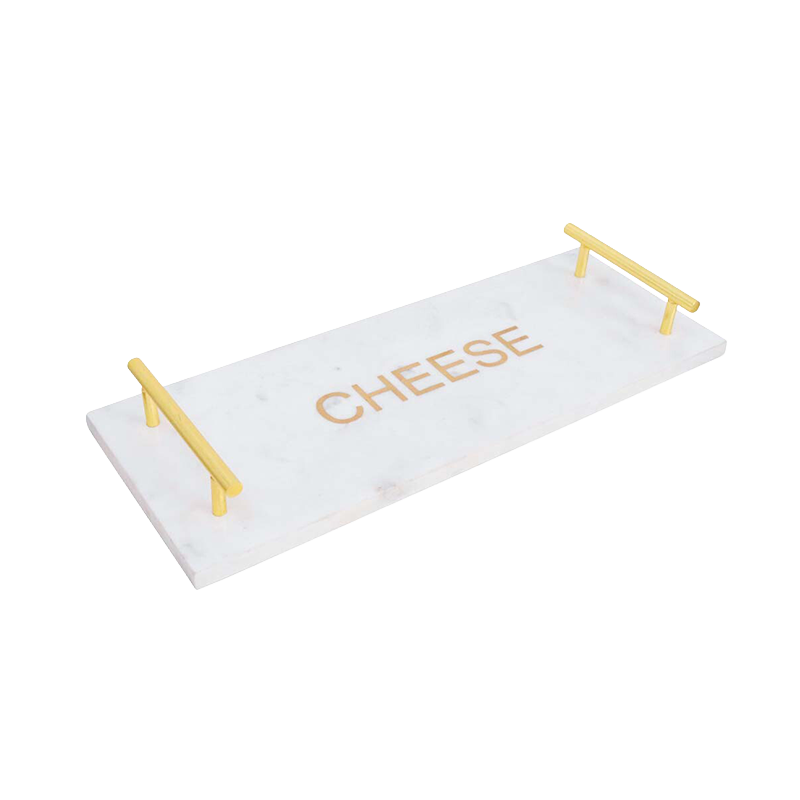 Marble tray with gold handles and 'CHEESE' text 