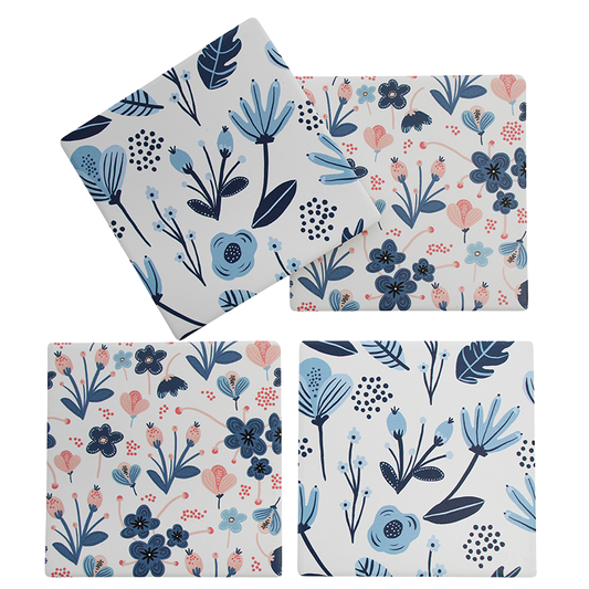 Set of floral-patterned coasters on a white background