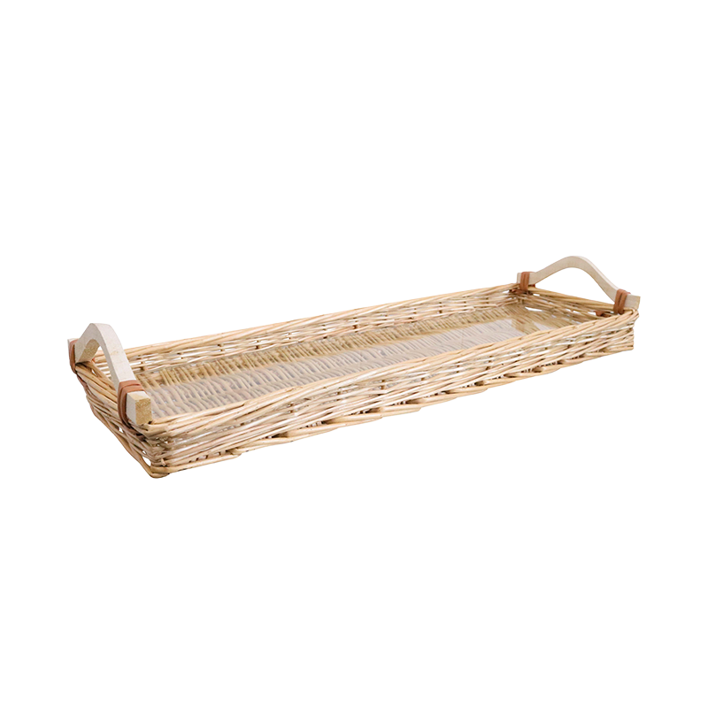 Wicker tray with handles and a glass base