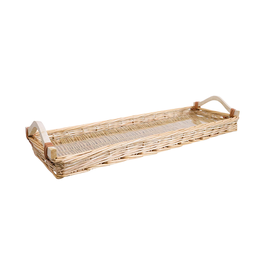Wicker tray with handles and a glass base