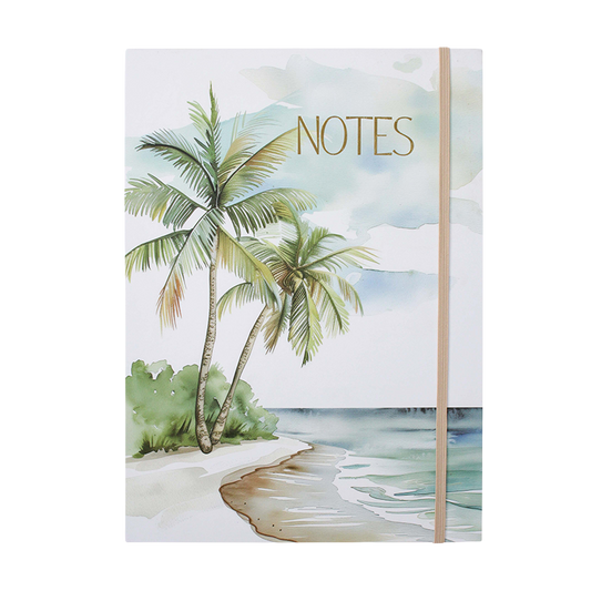 Notebook with palm tree design and 'NOTES' text on a beach scene cover
