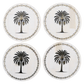 Four coasters with palm tree design on a white background