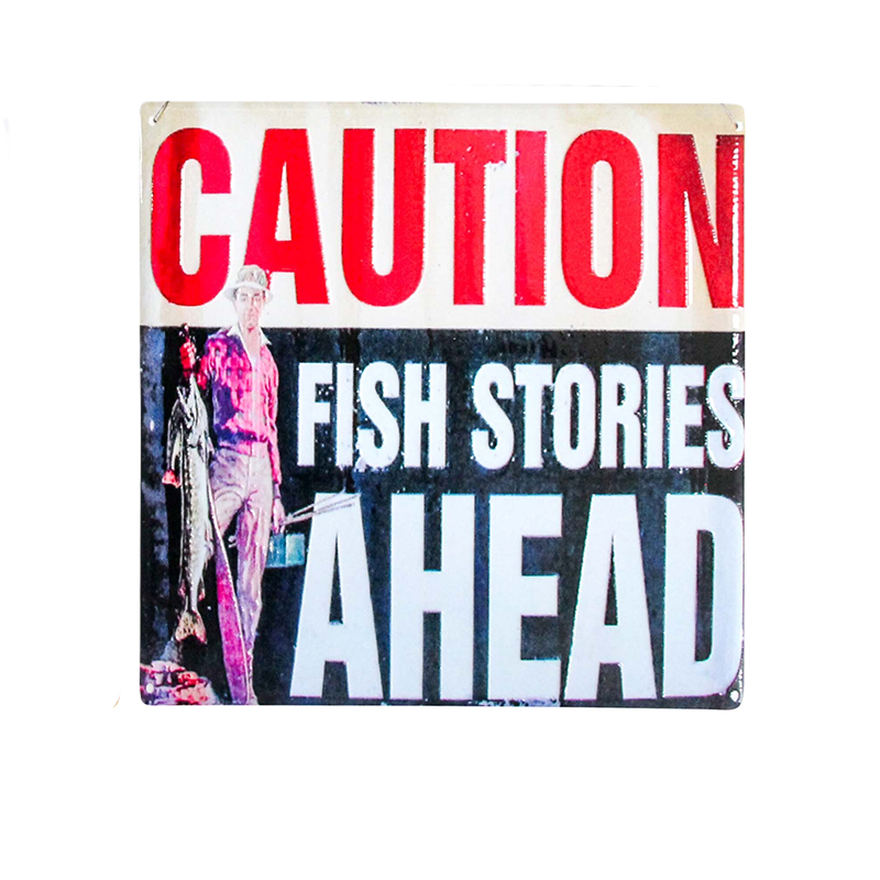 Coaster with 'Caution: Fish Stories Ahead' text and a person holding a fish.