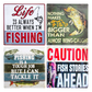 Four fishing-themed coasters with humorous sayings and images of fish.