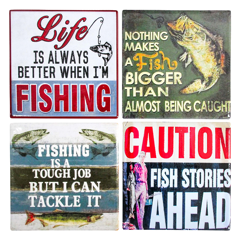 Four fishing-themed coasters with humorous sayings and images of fish.
