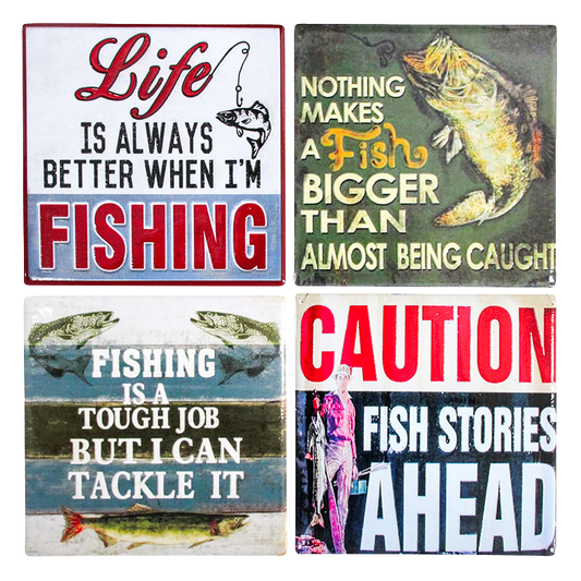 Four fishing-themed coasters with humorous sayings and images of fish.