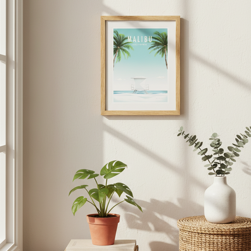 Framed artwork of palm trees on a wall with a plant and vase on a table below.