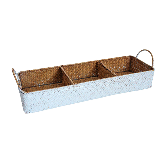 Blue washed woven tray with dividers