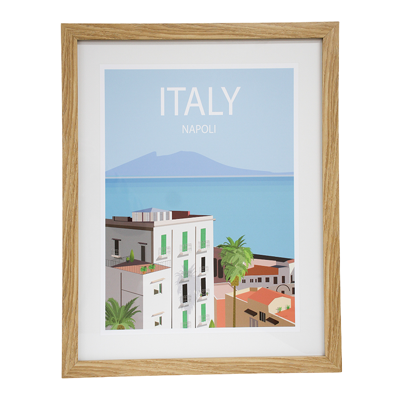 Framed artwork of Napoli, Italy with Mount Vesuvius in the back ground and palm trees and houses in the foreground