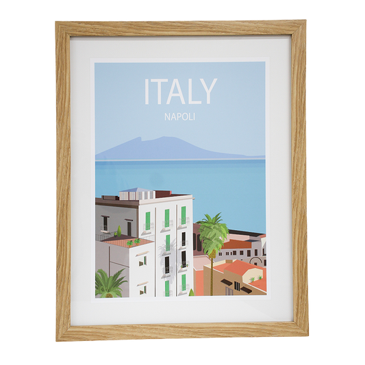 Framed artwork of Napoli, Italy with Mount Vesuvius in the back ground and palm trees and houses in the foreground