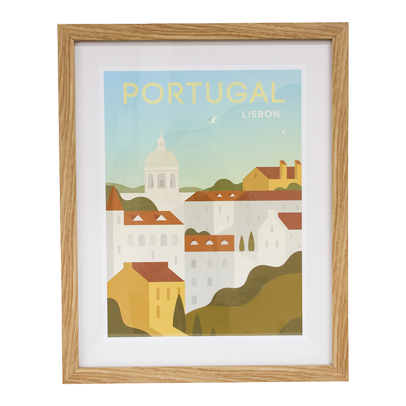Framed artwork of Lisbon, Portugal with a wooden frame.