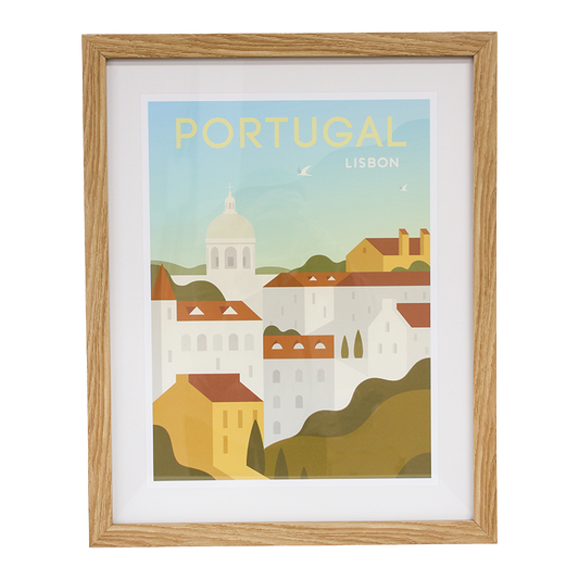 Framed artwork of Lisbon, Portugal with a wooden frame.