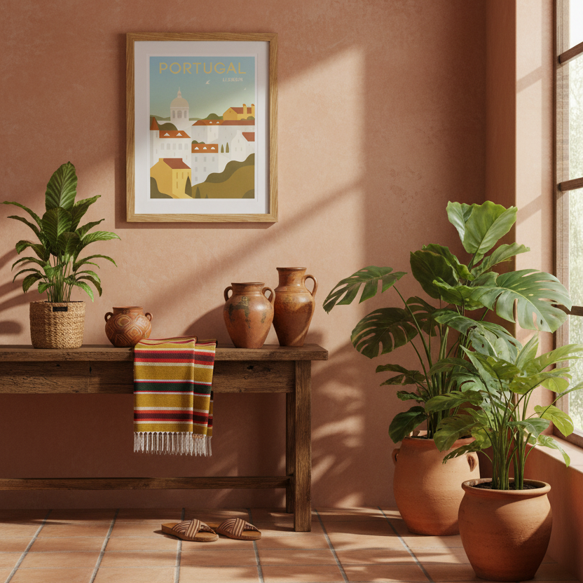 Room interior with plants, a wooden table, and a framed picture on a pink wall.