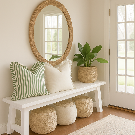 A bright entryway scene featuring a white wooden bench with two decorative pillows, a round woven mirror, a potted green plant, three woven poufs, and a cream rug on a hardwood floor.
