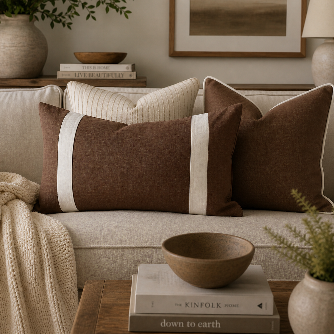 Chocolate brown and white linen lumbar cushion cover styled with neutral cushions on a cream sofa.