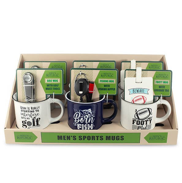 Set of men's sports mugs with various designs in a packaging box.