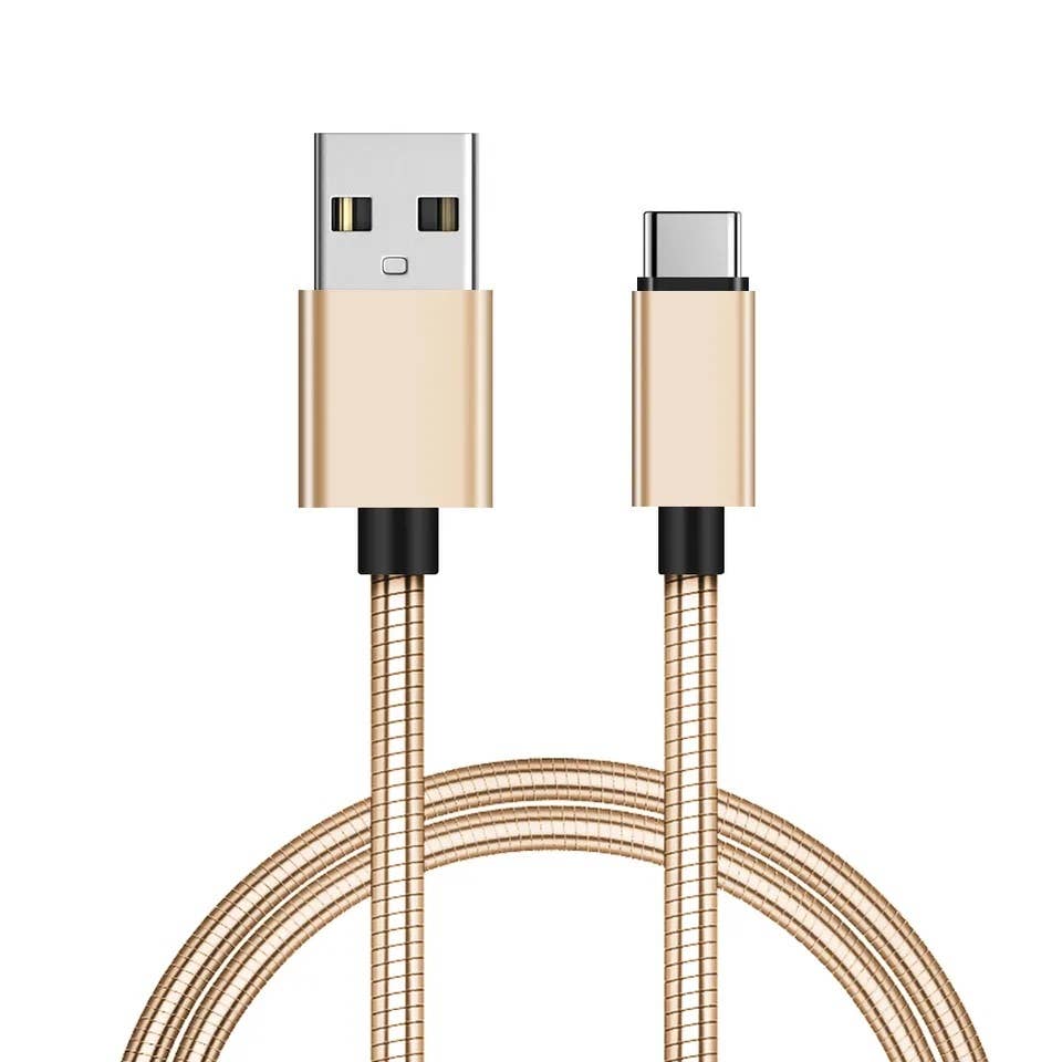 Gold metallic braided USB-A to Lightning charging cable, 6ft length.