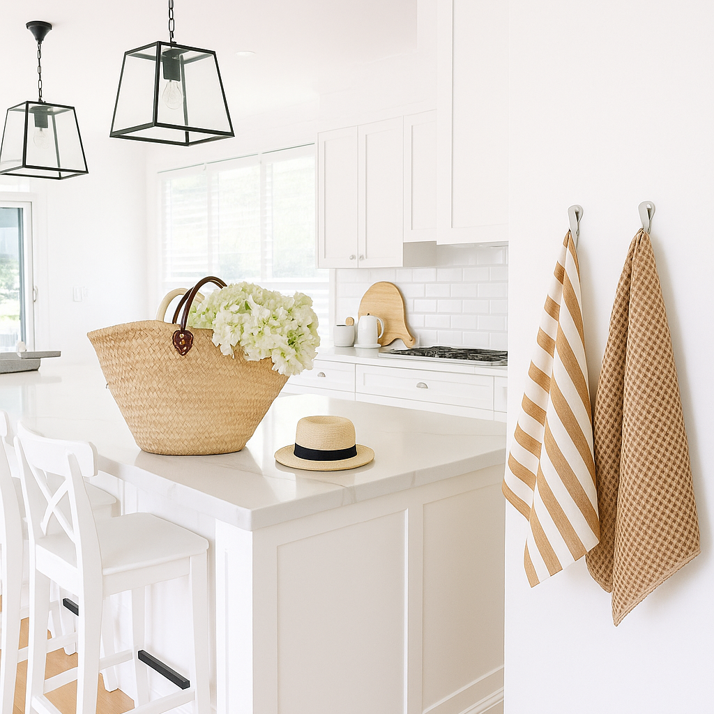 White kitchen with a counter, stools, and tan striped tea towels