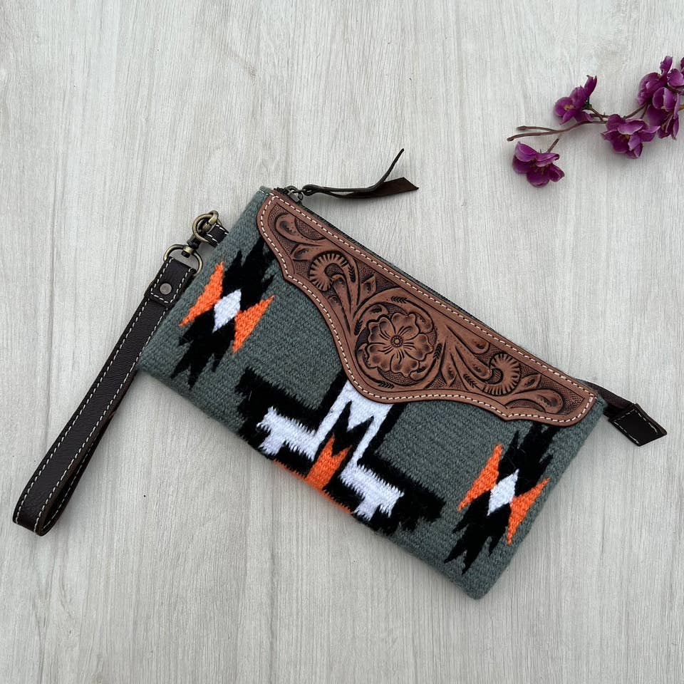 Saddle Blanket & Tooled Leather Clutch.