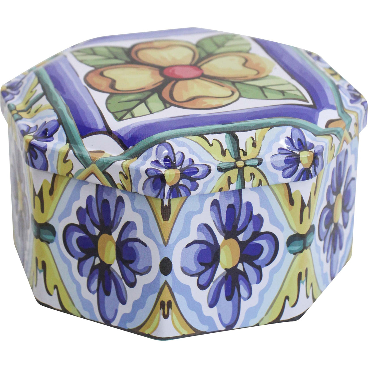 Mediterranean octagonal metal decorative tin with a blue, yellow and green floral pattern.