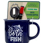 Blue mug with 'Born to Fish' text and fishing nipper, branded as Men's Republic, on a white background.
