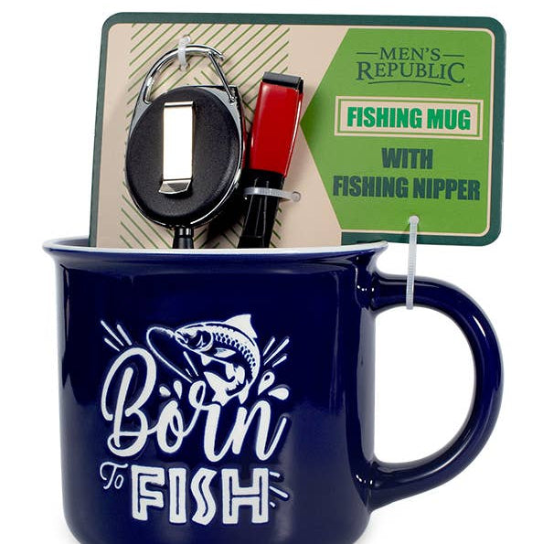 Blue mug with 'Born to Fish' text and fishing nipper, branded as Men's Republic, on a white background.