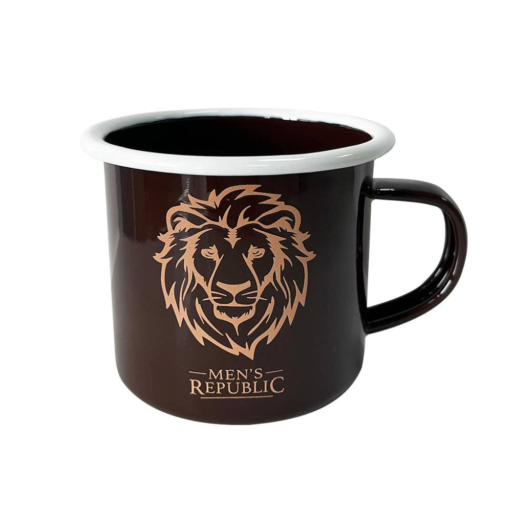 Black mug with lion logo and 'Men's Republic' text on a white background