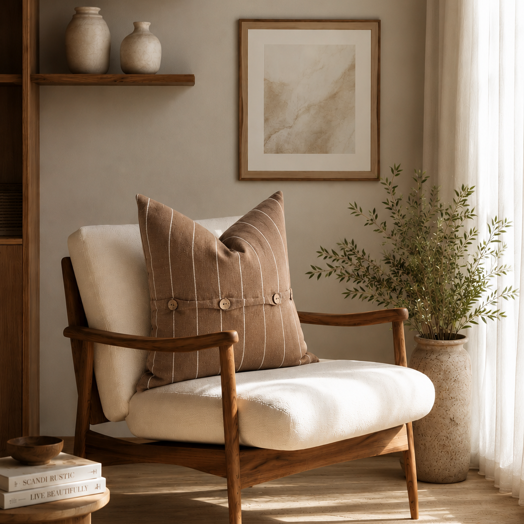 Cocoa striped French linen button cushion cover styled on a cream armchair in a warm neutral living room.