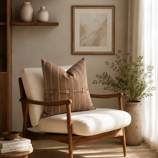 Cocoa striped French linen button cushion cover styled on a cream armchair in a warm neutral living room.