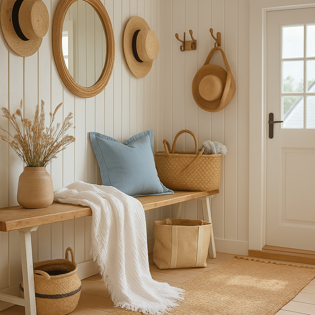 A styled entryway corner with a wooden bench, woven baskets, a light blue pillow, white throw blanket, wall mirrors, hats, and a white door in a bright, neutral interior.