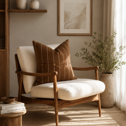 A styled mid-century modern armchair with cream bouclé upholstery and a brown striped throw pillow, set in a warm, sunlit room with a potted plant and framed wall art.