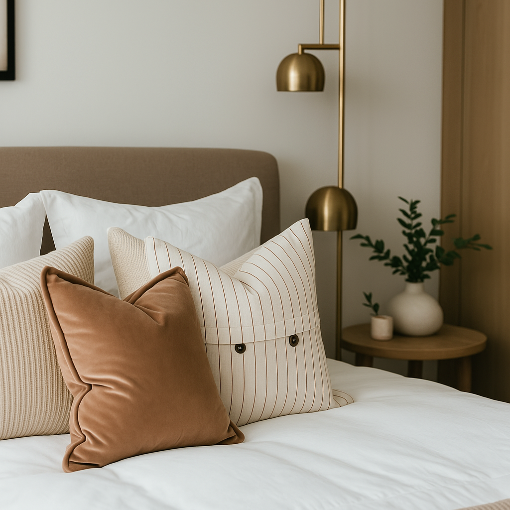 Tan pinstripe linen button cushion cover styled with warm neutral cushions on a softly layered bed.